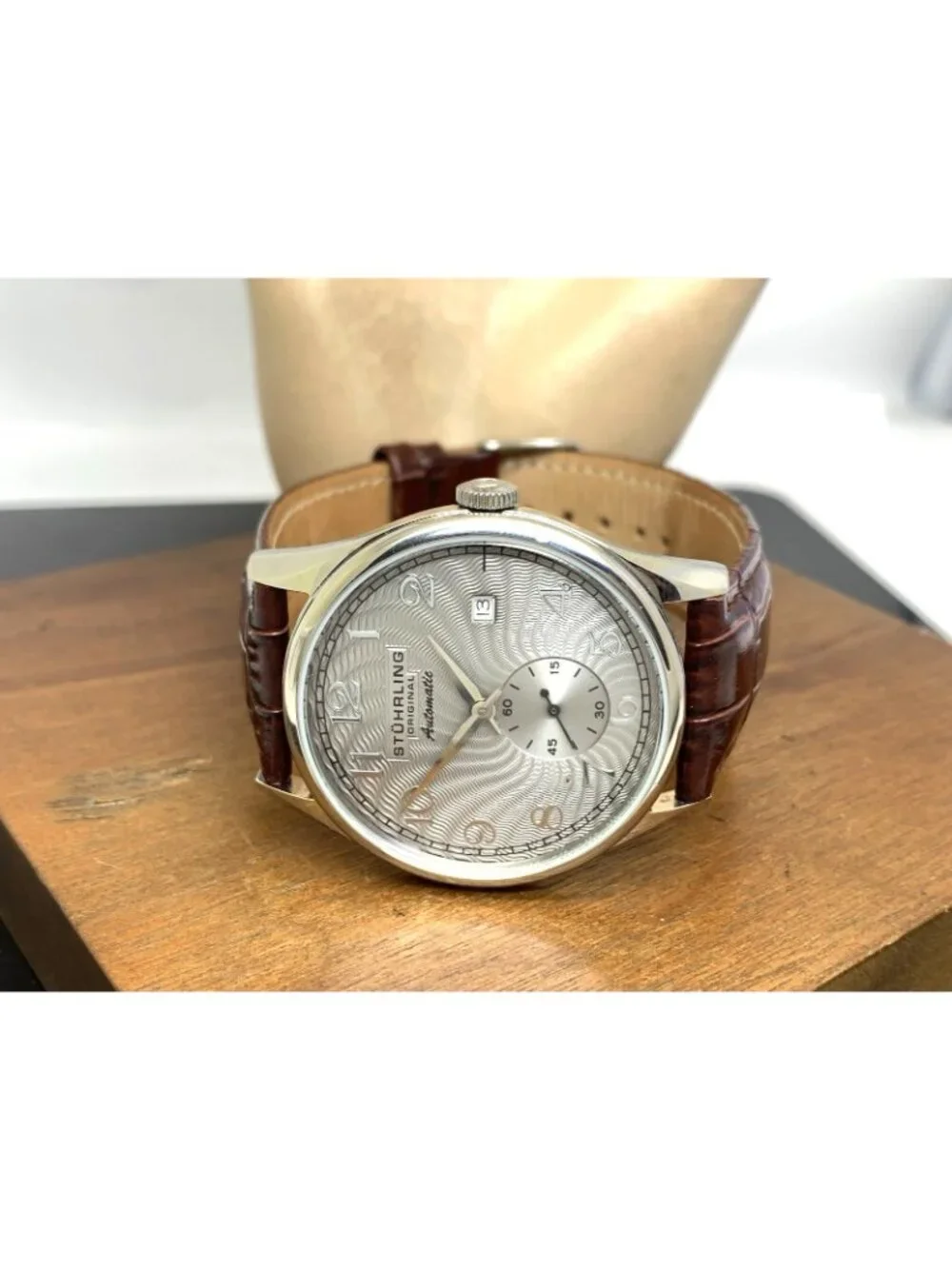 Stuhrling Men's Watch 171 Automatic Gray Dial Silver Brown Leather Band 40mm